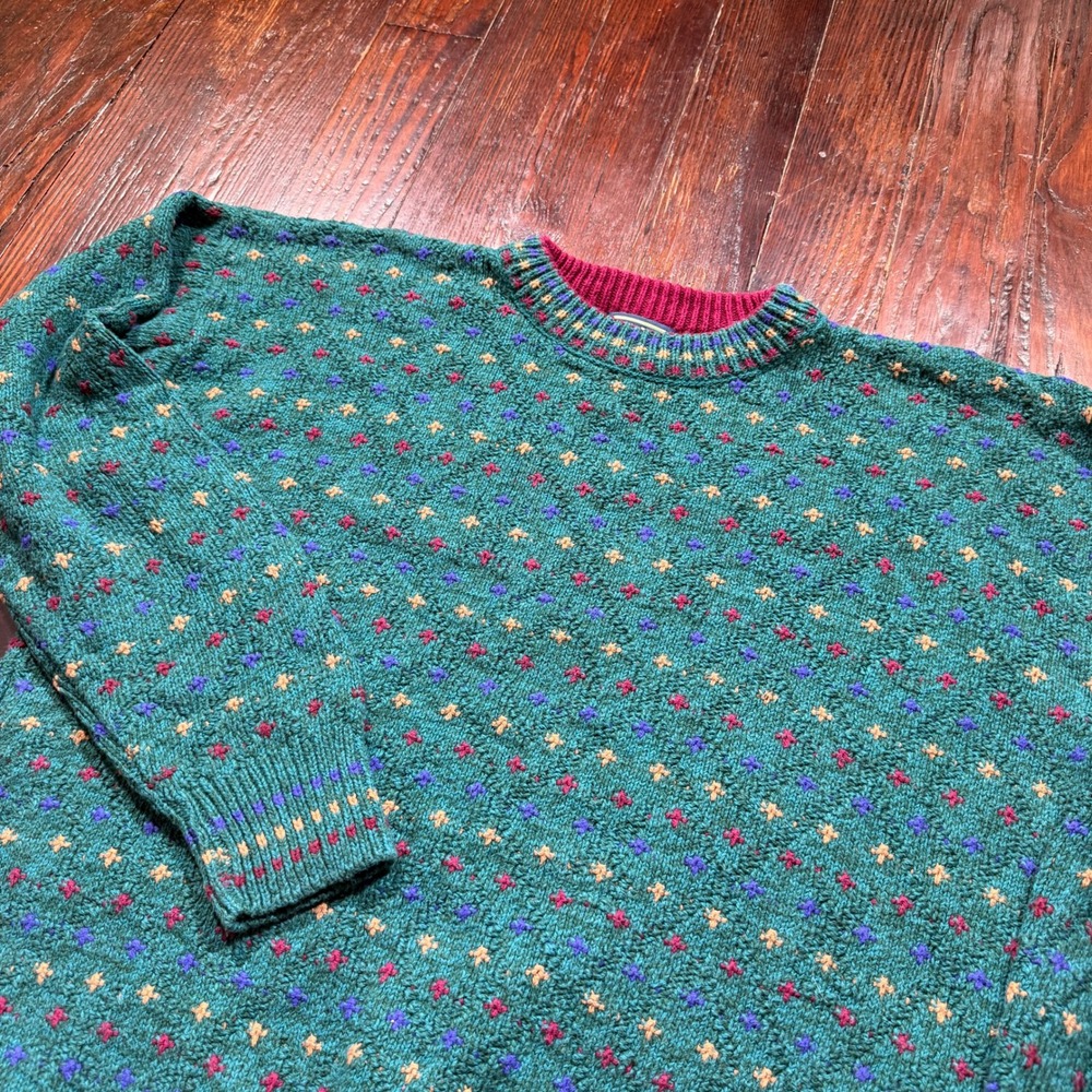 Vintage Chaps Ralph Lauren Sweater Mens L Green Birdseye Knit Cotton USA Made